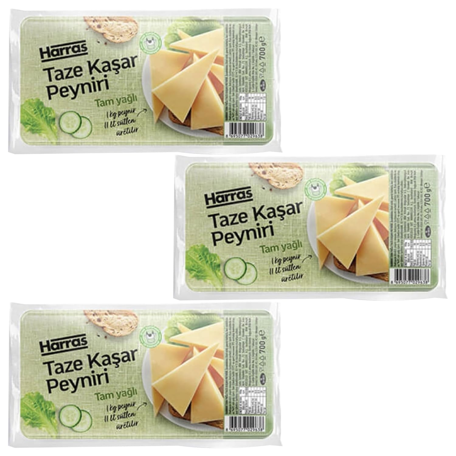Harras Full-Fat Fresh Kashar Cheese 700g (24.6 oz) | Rich, Creamy, and Delicious | Perfect for Sandwiches, Breakfast, and Cooking | Turkish Cheese (Pack of 3)