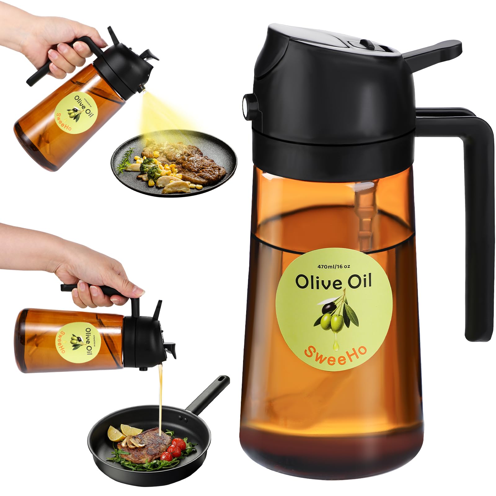 Oil Sprayer for Cooking,470ml Cooking Olive Oil Sprayer and Oil Dispenser 2 In 1, Food-grade Glass Oil Spray Bottle Mister for Air Fryer, BBQ, Griddle (Black+dark brown glass and color label)
