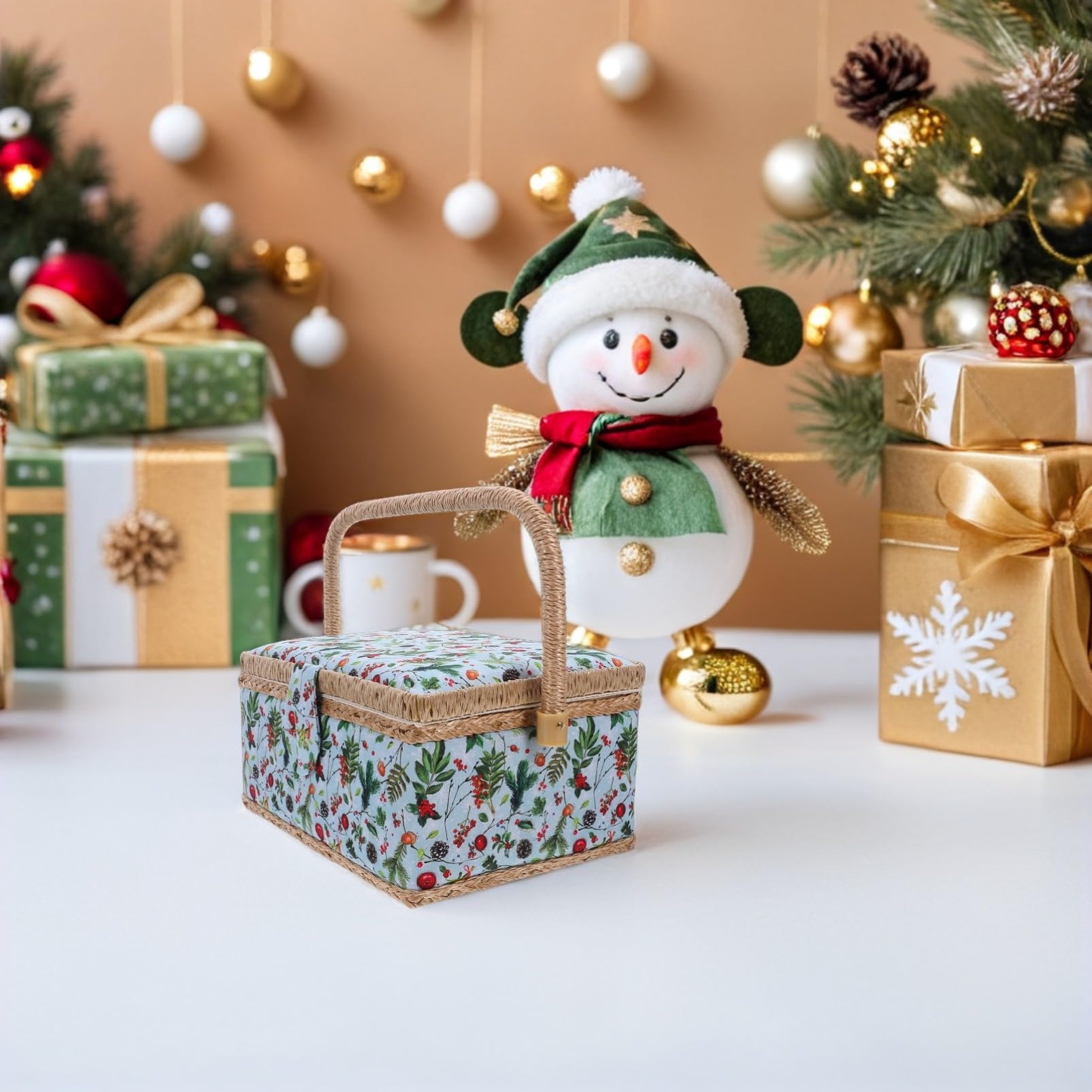 Mipcase Caja Organizadora de Costura Diseño Navideño, Gran Capacidad, Bordado Elegante y Diseño Portátil para Uso en Casa y Viaje