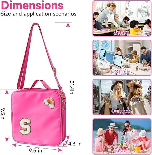 Miniatura 3 de Lonchera de nailon aislada para niñas, niños y mujeres, elegante bolsa de almuerzo grande rosa con correa ajustable y letra S de chenilla, bolsa