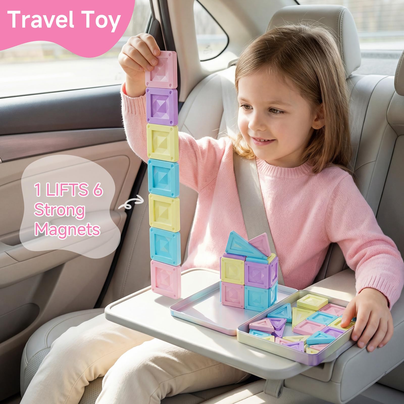 Travel Magnetic Bricks for Age 3+ 40 Pieces Montessori Magnetic Bricks Educational Toy with Portable Tin Box and Built-in Play Plate, Bricks - 4