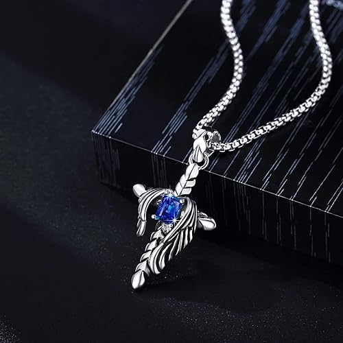 Miniatura 3 de YAMI Cross Necklace for Men,Punk Angel Wing with Sapphire Pendant Feather Necklace, Hypoallergenic Titanium Steel Faith Jewelry Gifts, 24 Inches