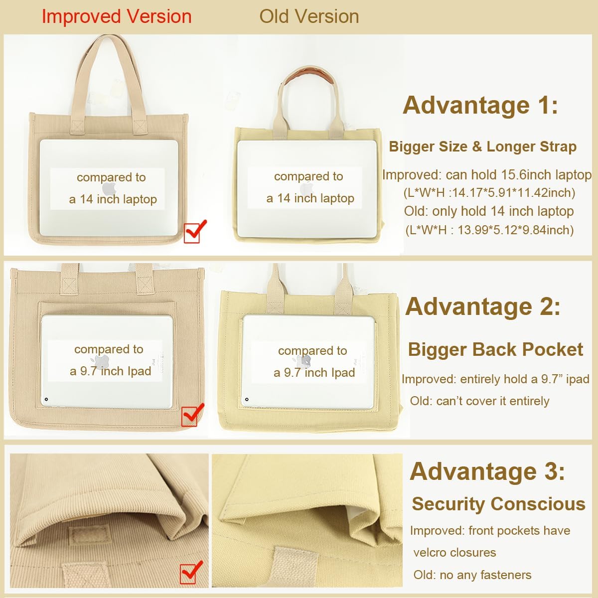 UERRUAM Tote Bag for Women with Pockets,Large Corduroy Crossbody Purse for Laptop,Work,College,Everyday,Travel - Image 3