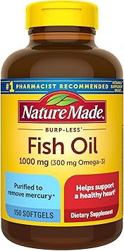 Nature Made Burp Less Fish Oil Omega 3 Supplements, 1000mg Softgels, Omega 3 Fish Oil Supplements for Healthy Heart Support, 150 Softgels, 75 Day Supply