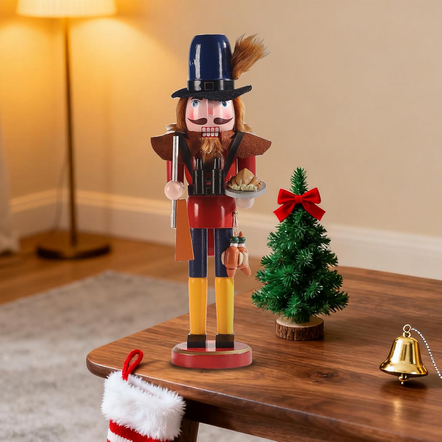 15-Inch Thanksgiving Nutcracker Figurine, Wooden Hunter with Turkey, Pumpkin Pie & Rifle, Handcrafted Festive Harvest and Christmas Decoration for Home, Tabletop or Fireplace