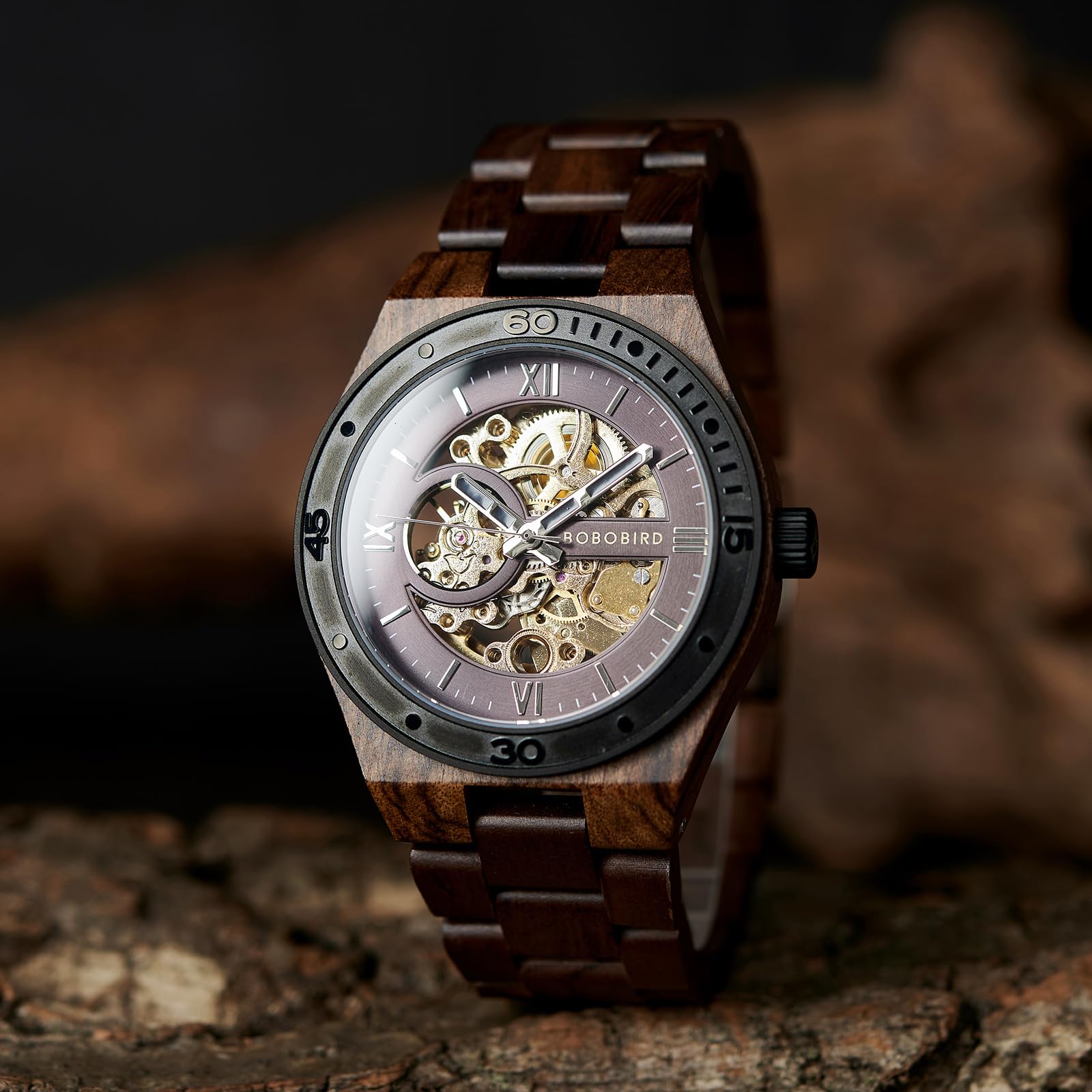 BOBO BIRD Mens Wood Watches Skeleton Mechanical Wooden Watch Lightweight Luxury Wristwatches with Natural Wood Band of Limited Edition Collection for Men (red)