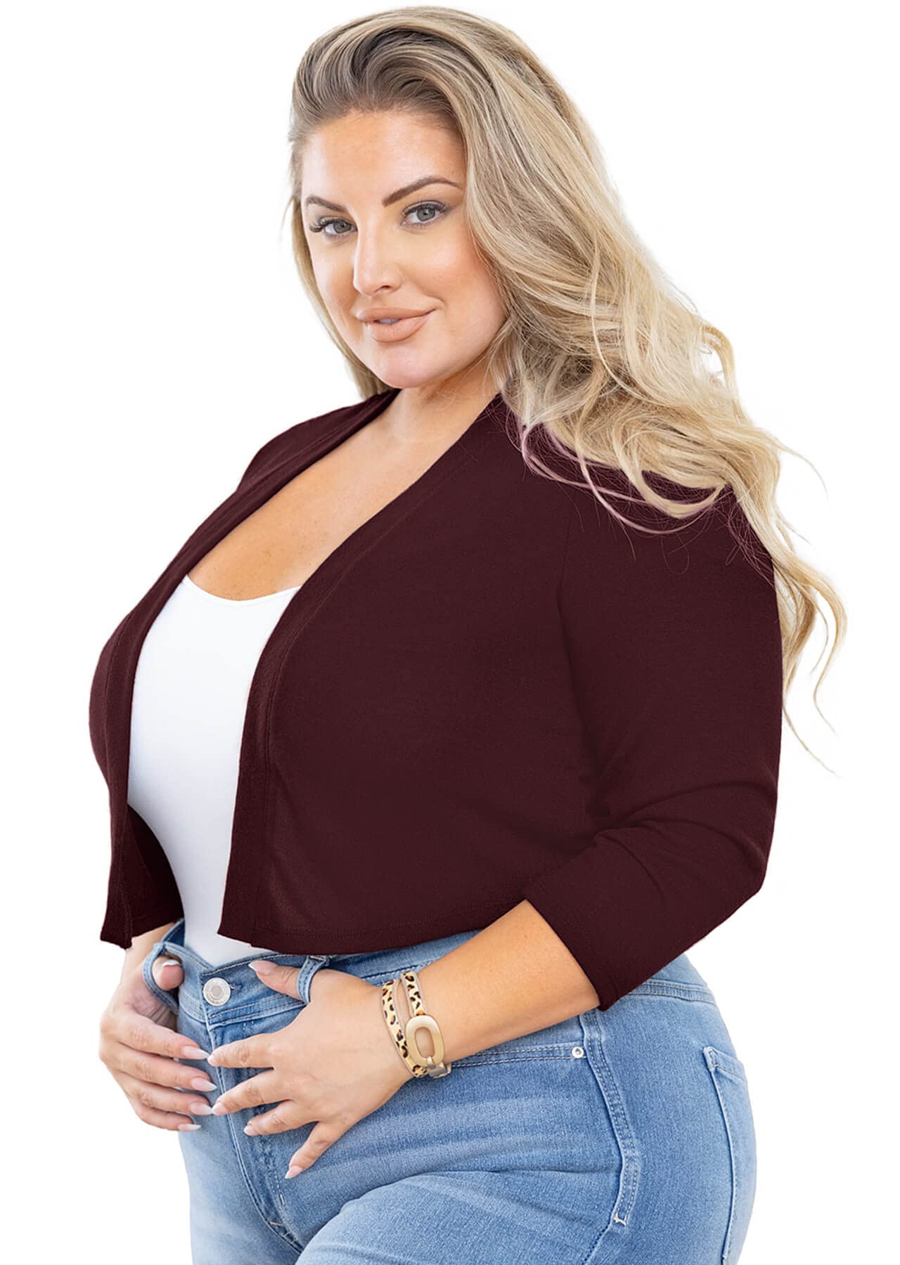 AusLook Women's Plus Size Shrug 3/4 Sleeve Lightweight Open Front Knit Cropped Bolero Cardigan Sweater 1X-5X