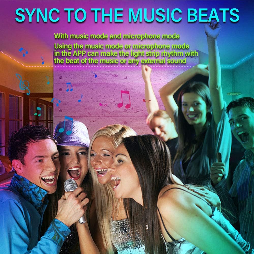 A group of people enjoying a party with LED strip lights synchronizing to music, illustrating the music sync feature of the product.