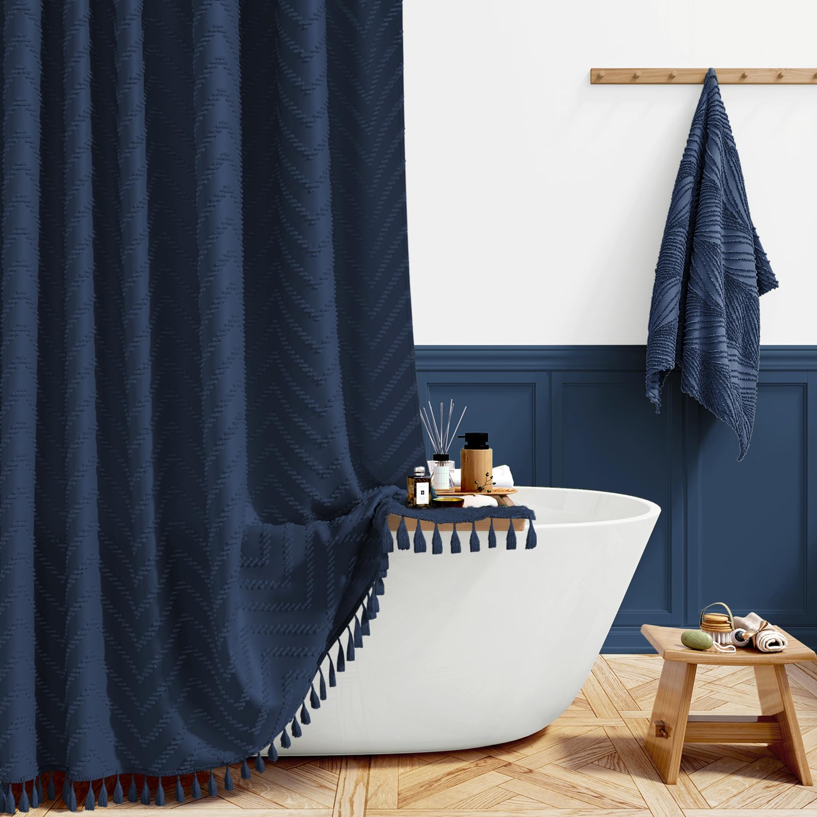 Bttn Navy Blue Long Boho Farmhouse Tufted Chevron Shower Curtain, 183X201,