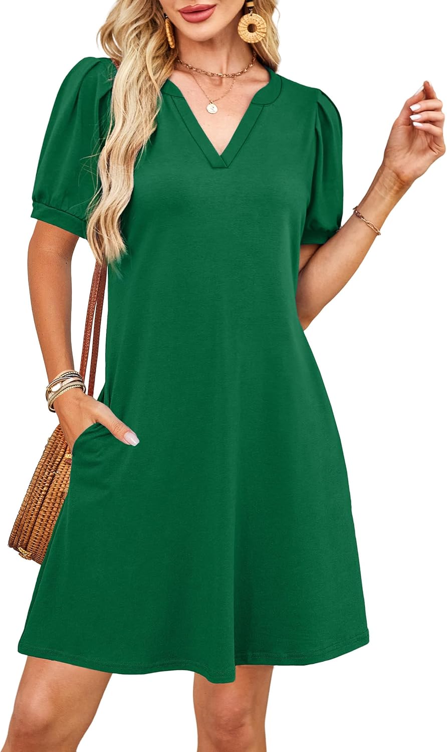 RUMIA V-Neck Summer Casual Sundress for Women- Short Sleeve Swing Beach Dress with Pockets (S-3XL) - Image 3