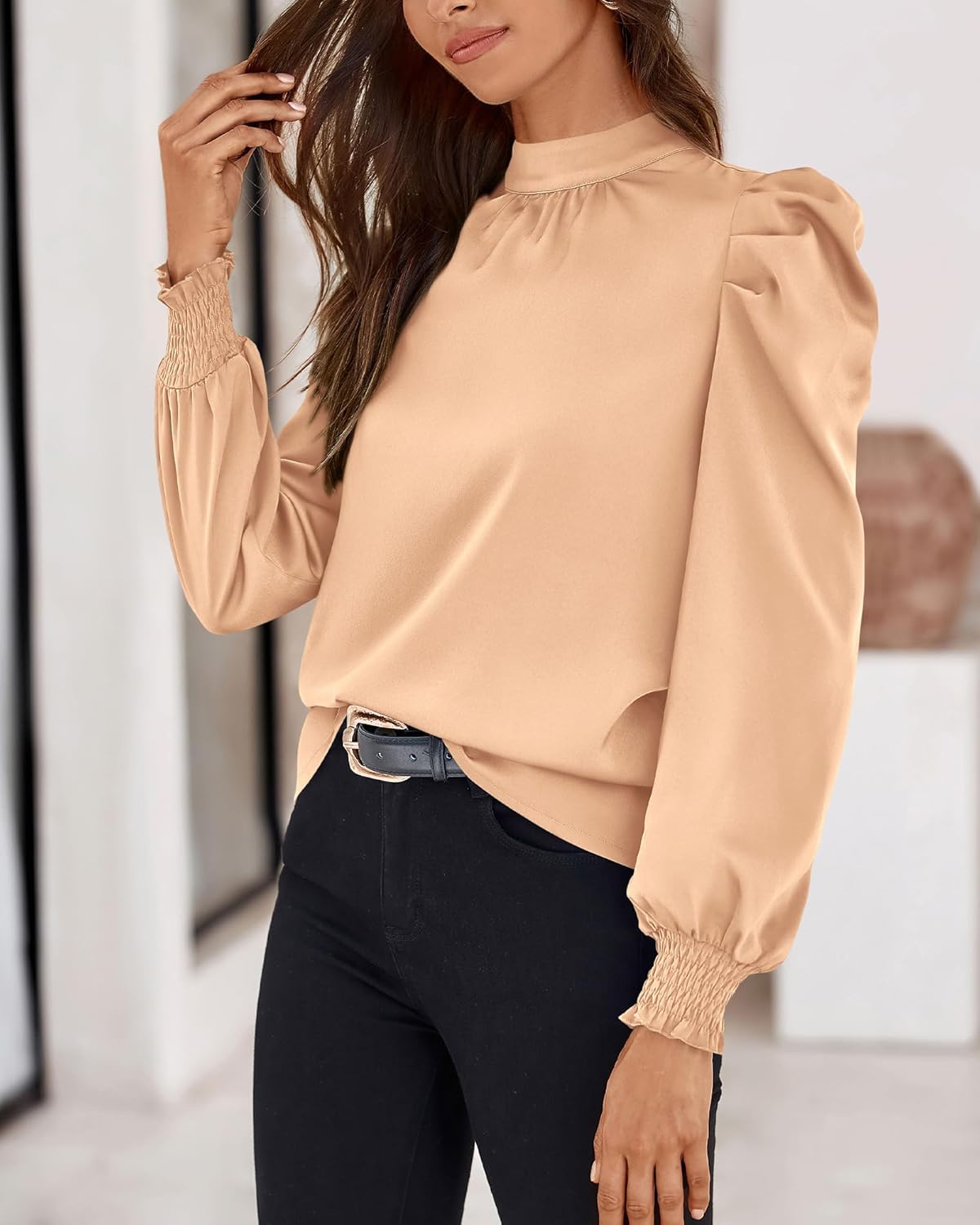 BTFBM Mock Neck Long Sleeve Blouses for Women Dressy Casual Business Work Shirts 2026 Spring Fall Clothes Satin Tops - Image 5