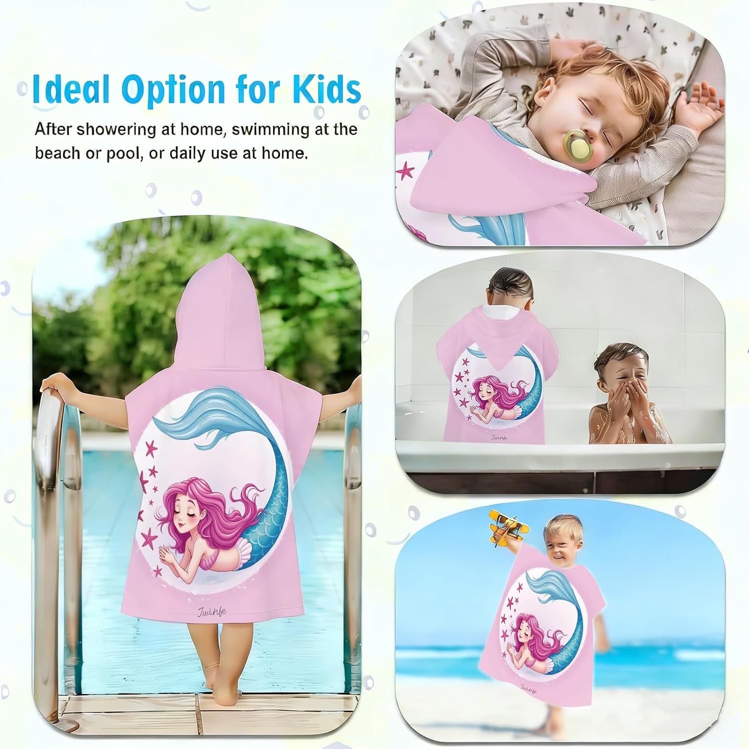 Kids Hooded Beach Towel for Boys Girls,Bath Pool Beach Poncho Towels Super Soft & Absorbent Cotton Towel Childrens Mermaids Beach Towels (Mermaids)