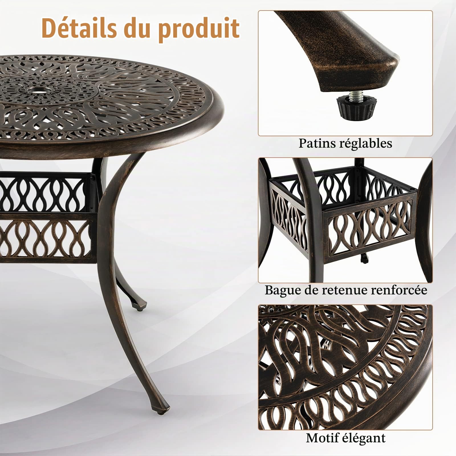 GOPLUS Table de Bistrot en Aluminium avec Trou pour Parasol de 5 CM, Table de Jardin Ronde avec Patins Réglables, Style Rétro, Convient pour Terrasse, Balcon, Piscine, Ø 90 X 74 CM