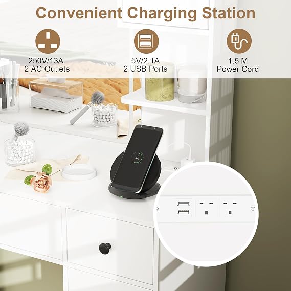 COSTWAY Dressing Table with 3-Color LED Lights Mirror, Charging Station, Adjustable Brightness, Storage Shelves, Drawers and Cabinets, Bedroom Furniture Dresser Makeup Table Vanity Desk, White
