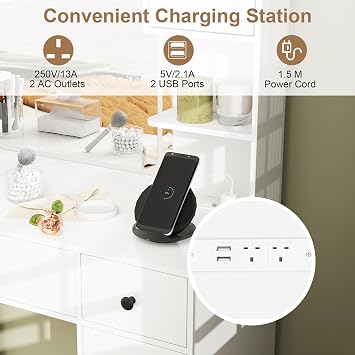 COSTWAY Dressing Table with 3-Color LED Lights Mirror, Charging Station, Adjustable Brightness, Storage Shelves, Drawers and Cabinets, Bedroom Furniture Dresser Makeup Table Vanity Desk, White