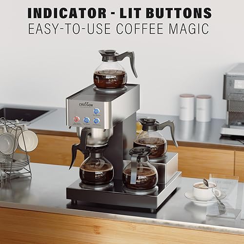 Miniatura 4 de crosson Cafetera comercial de 12 tazas con 4 calentadores y 4 decantadores de vidrio, cafetera de goteo con carcasa de acero inoxidable y embudo 304