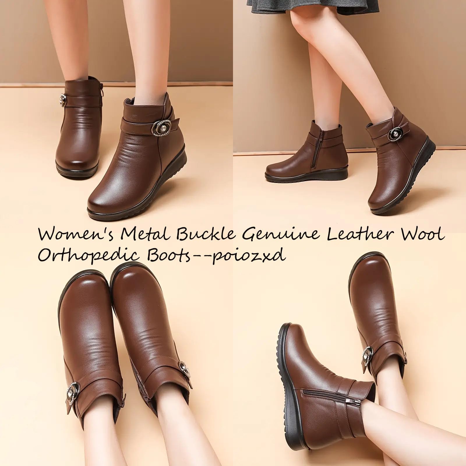 Orthopädische Stiefel für Damen, Metallschnalle, echtes Leder, Wolle, Winter, warm, rutschfest, Plüschfutter, seitlicher Reißverschluss, Stiefeletten