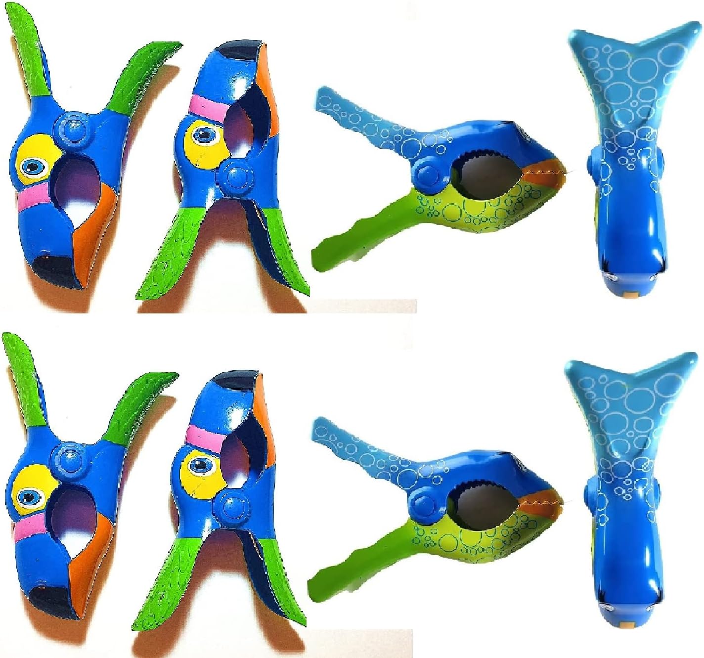 4 Set (8 Ct) 2X Blue Toucan / 2X Bubble Fish Beach Towel Clips Jumbo Size for Beach Chair, Cruise Beach Patio, Pool Accessories for Chairs, Household Clip, Baby Stroller