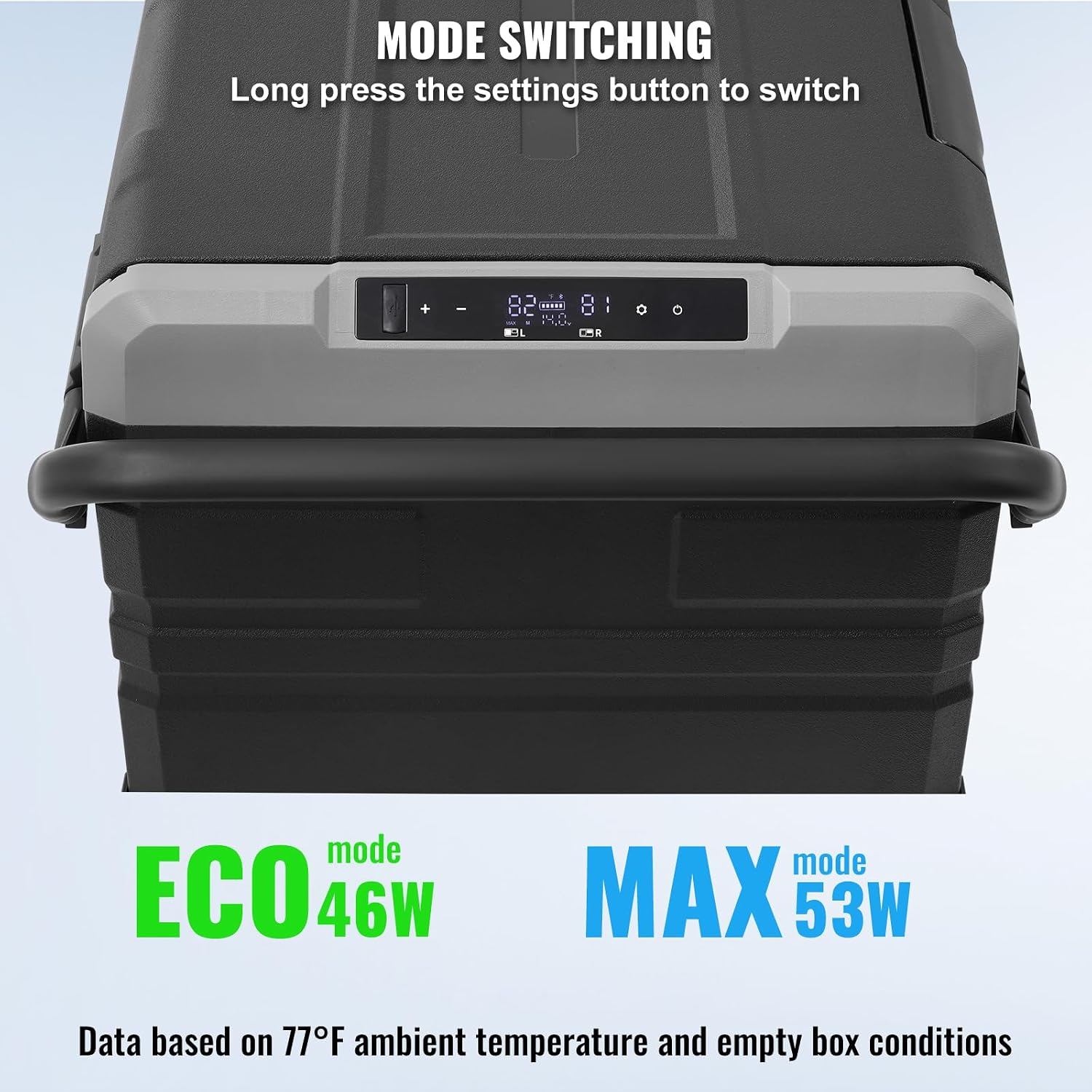 VEVOR TWW95 Portable Car Refrigerator showing the ECO mode (46W) and MAX mode (53W) options, with instructions to long press the settings button to switch.