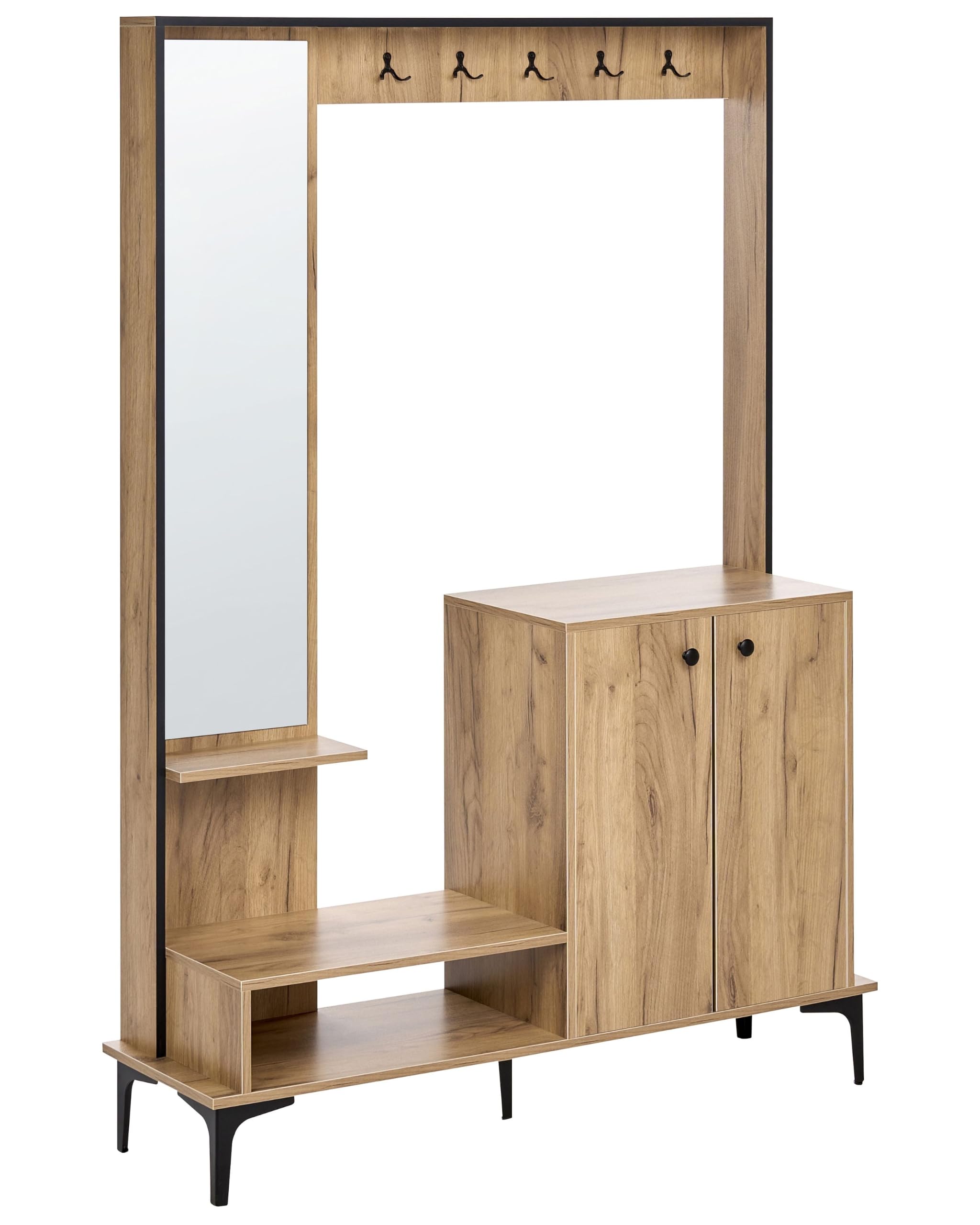 Beliani Mueble de recibidor con Zapatero 120 cm de Ancho x 170 cm de Alto con Armario Perchero y Espejo de aglomerado marrón Claro Broome
