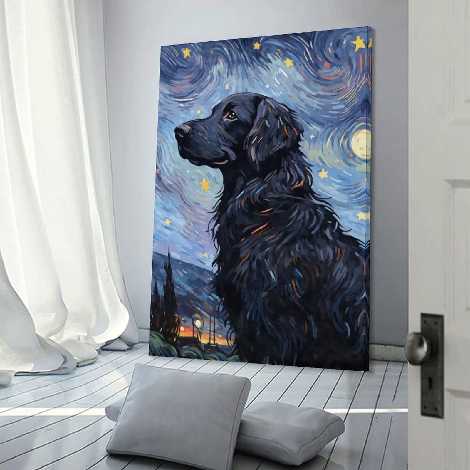 Junmoney Frame-Style-16-1 Flatcoated Retriever Night Decorative Wall Artwork, 24X36inch(60X90cm), For Home Lounge, Bedroom Or Reading Nook, Eye Catching Artwork For Blank Walls