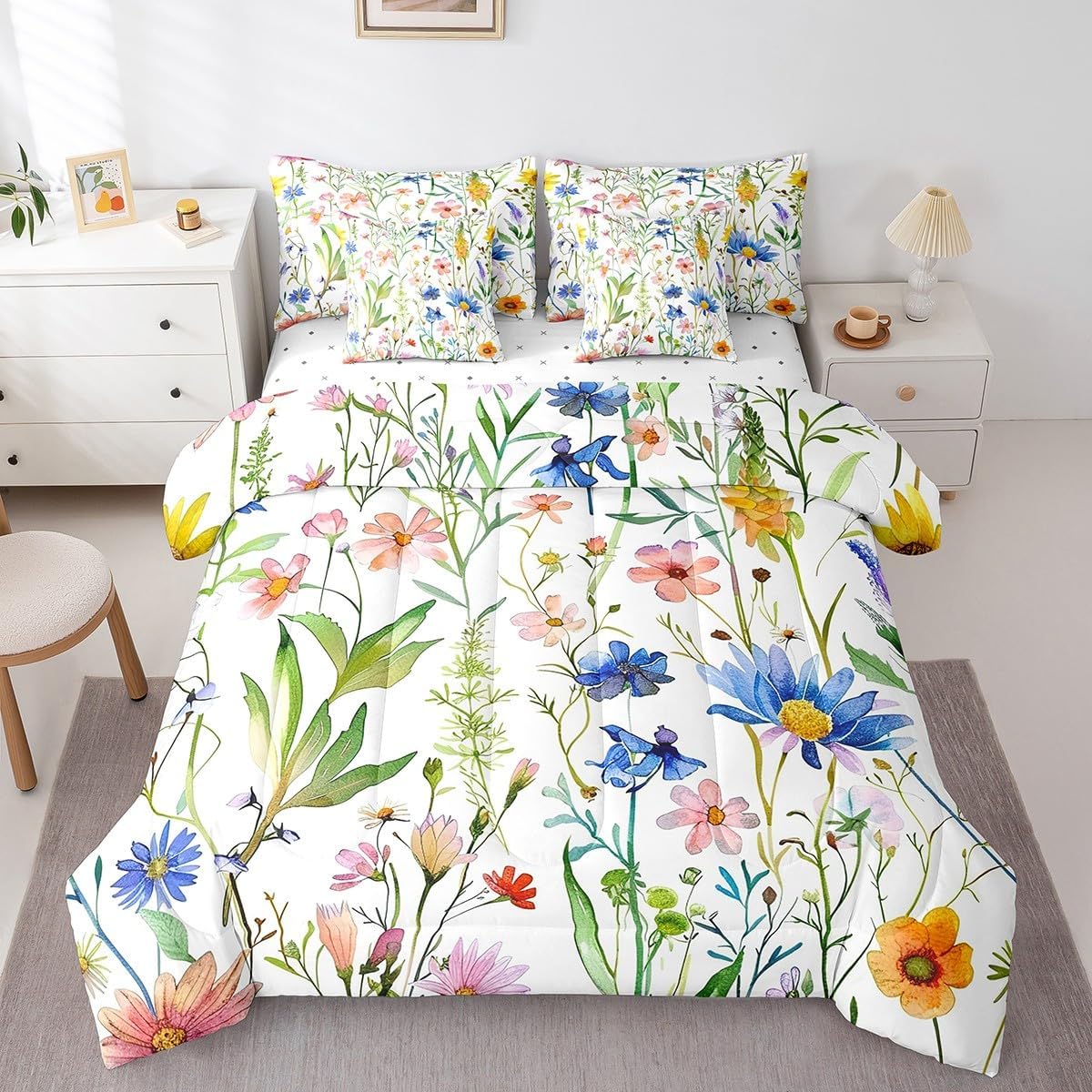 Feelyou Floral Bedding Bed in a Bag with Comforter, Botanical Floral Bedding Set with Comforter, Natural Theme Comforter for Women Men Garden Flower Twin Size 7Pcs Room Decor