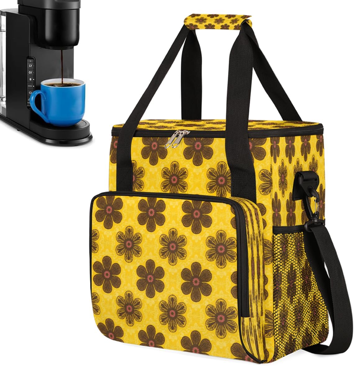 Daisy Pattern Portable Coffee Maker Carrying Bag Compatible with Keurig K-Mini or K-Mini Plus - Travel Storage Tote with K-Cup Pod Pockets for Single Serve Coffee Brewer