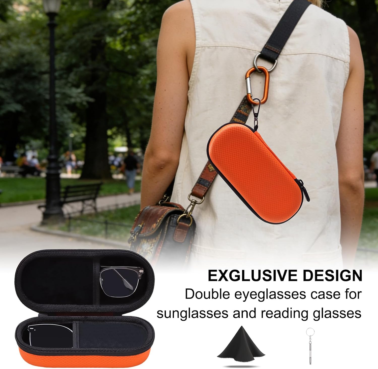 L LTGEM Hard Double Eyeglass Case, Travel Sunglasses Storage Case for Men Women,Includes Cleaning Cloth and Screwdriver