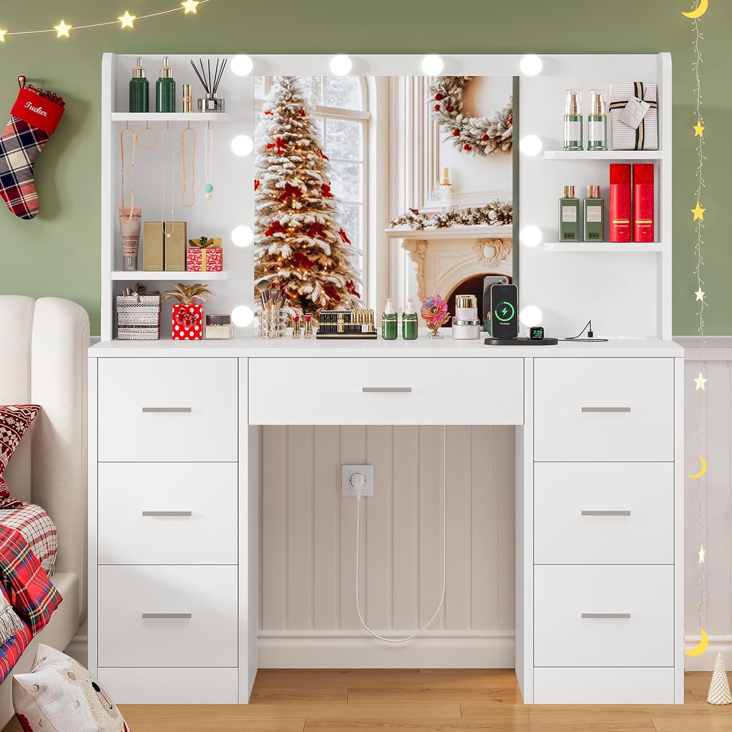 TEENFON Tocador de Maquillaje Grande con Luces LED Regulables y enchufes, Mesa de Maquillaje con Espejo, Mesa de Tocador con 7 cajones, 4 estantes Abiertos y 5 Ganchos para Joyas, Blanco 7 cajones tocador