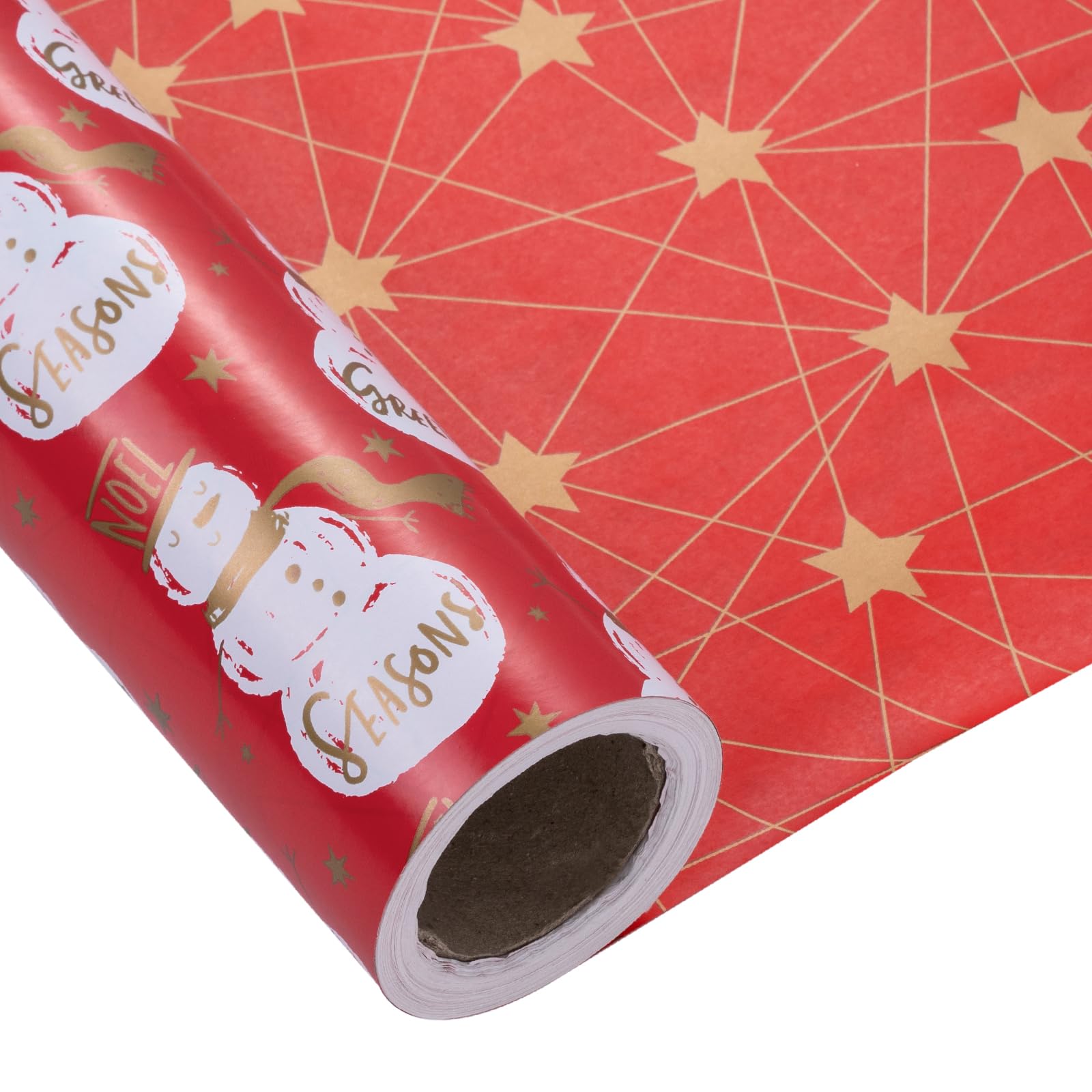 LeZakaa Christmas Red Wrapping Paper Jumbo Roll, Snowman, Season Greetings & Gold Stars Reversible Design for Festive Holiday, Family Gathering, 24 inches x 100 Feet — image 1