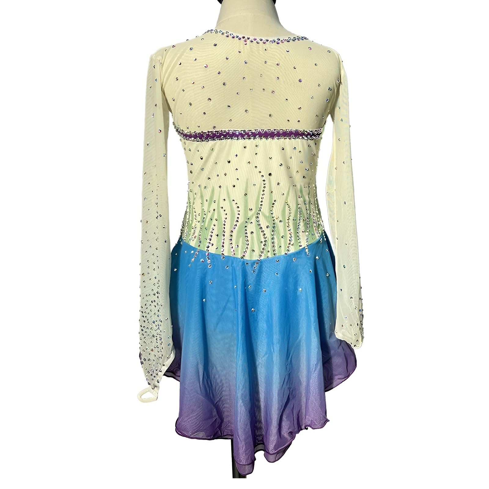 Kmarouse Handmade Girls and Women Figure Skating Dress with Crystal Rhinestones, Long Sleeve Breathable Competition Dress(Large) Blue
