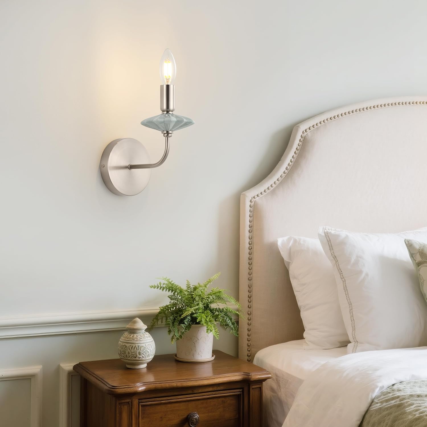 Wall sconces Set of Two with Green Ceramic Flower Decoration,Brushed Nickel Wall Lights, Hardwired Vintage Vanity Light for Bathroom, Living Room, Bedroom, and hallways.