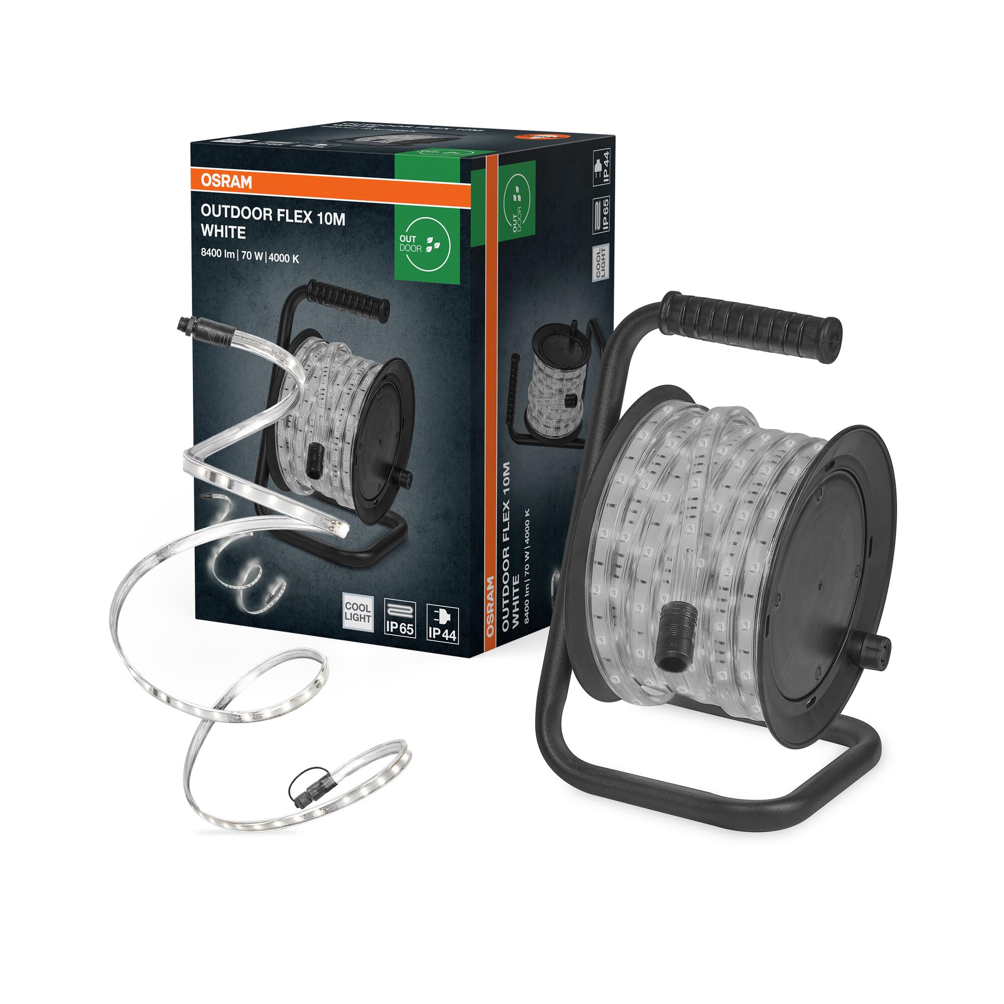 Osram Outdoor Flex LED Streifen 10M IP65, kaltweiß, bis 50 m erweiterbar, inkl. Kabeltrommel, Montagezubehör, Anschlusskabel