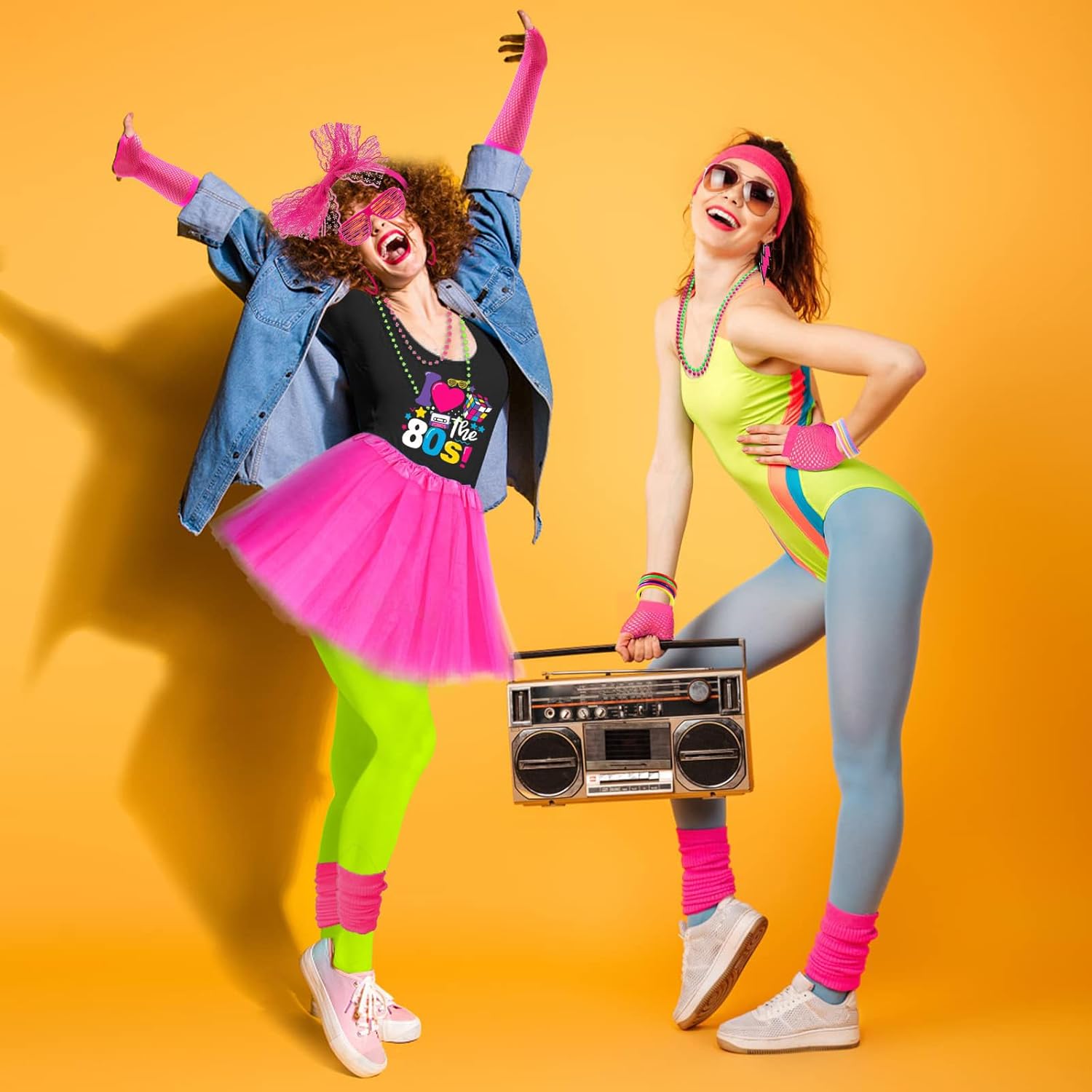 80s Outfit Women Costume Accessories Set T Shirt Shorts Tutu Skirt Neno Party Leg Warmers Headband - Image 2