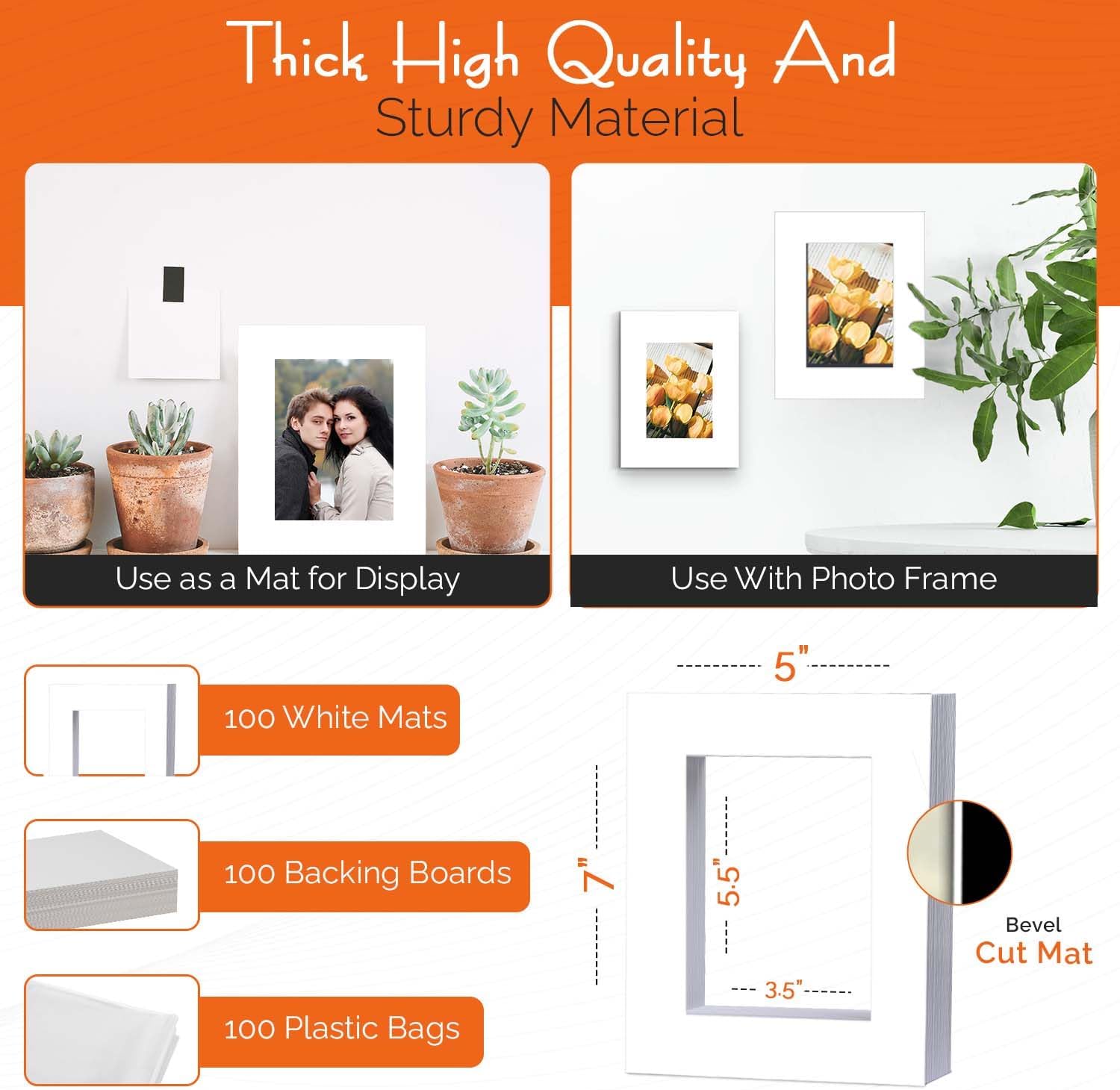 iFrame 5" x 7" Pre-Cut White Mats with Light Cream Bevel-Cut + Backing Boards + Transparent Clear Plastic Bags for 4" x 6" Photo Acid Free Photo Album Complete Set (Pack of 100)