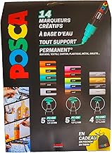 POSCA - Uni Mitsubishi Pencil - Maxi Pack Multi-Tip - 14 Water-Based Paint Markers - Any Support - Assorted Colours and Tips - Pouch Included