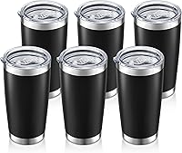 HZJSTSWQ 20oz Insulated Stainless Steel Tumblers 6-Pack Black - Double Wall Vacuum, Leak-Proof Lids, Hot 6Hrs/Cold 12Hrs Powder Coated