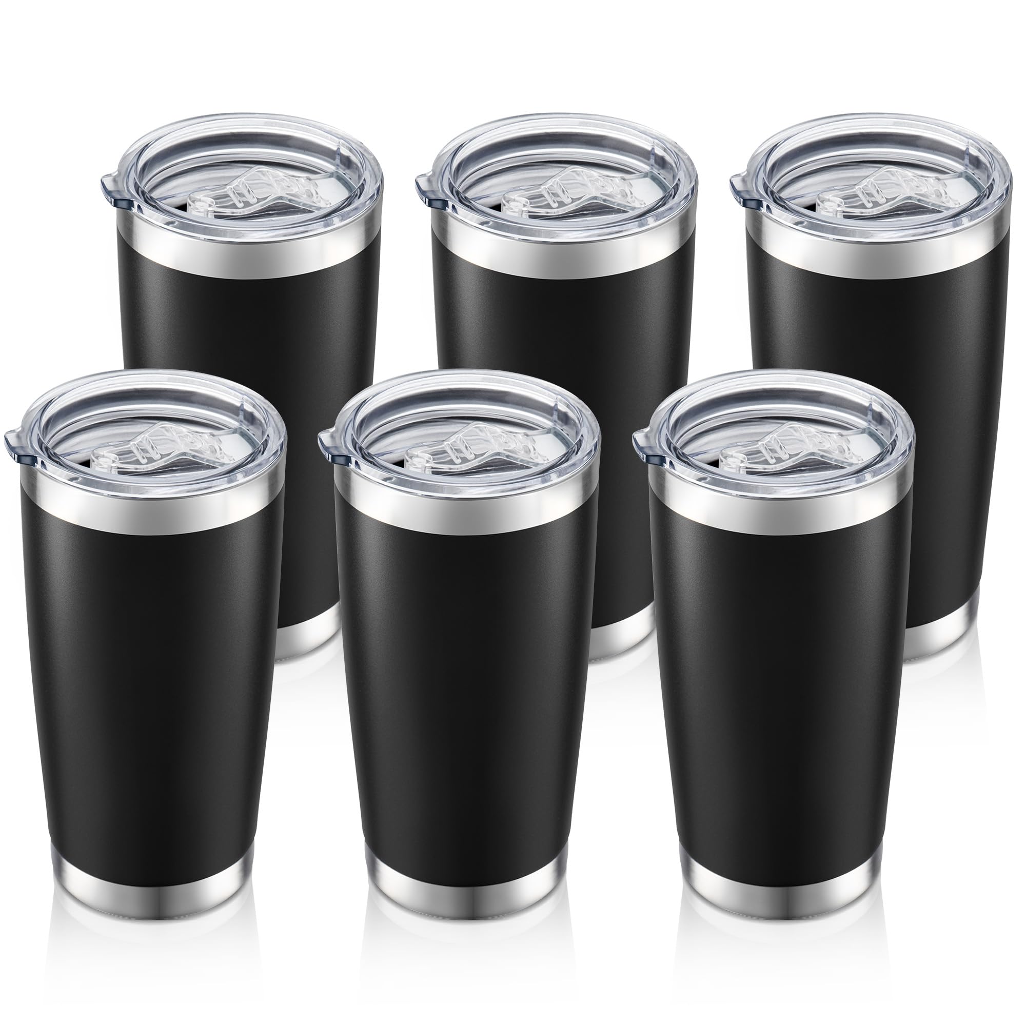 20 oz Tumbler Bulk with Lid Stainless Steel Insulated Tumblers Double Wall Vacuum Coffee Mug Powder Coated Tumbler Cups for Cold and Hot Drinks, Black, 6 pack