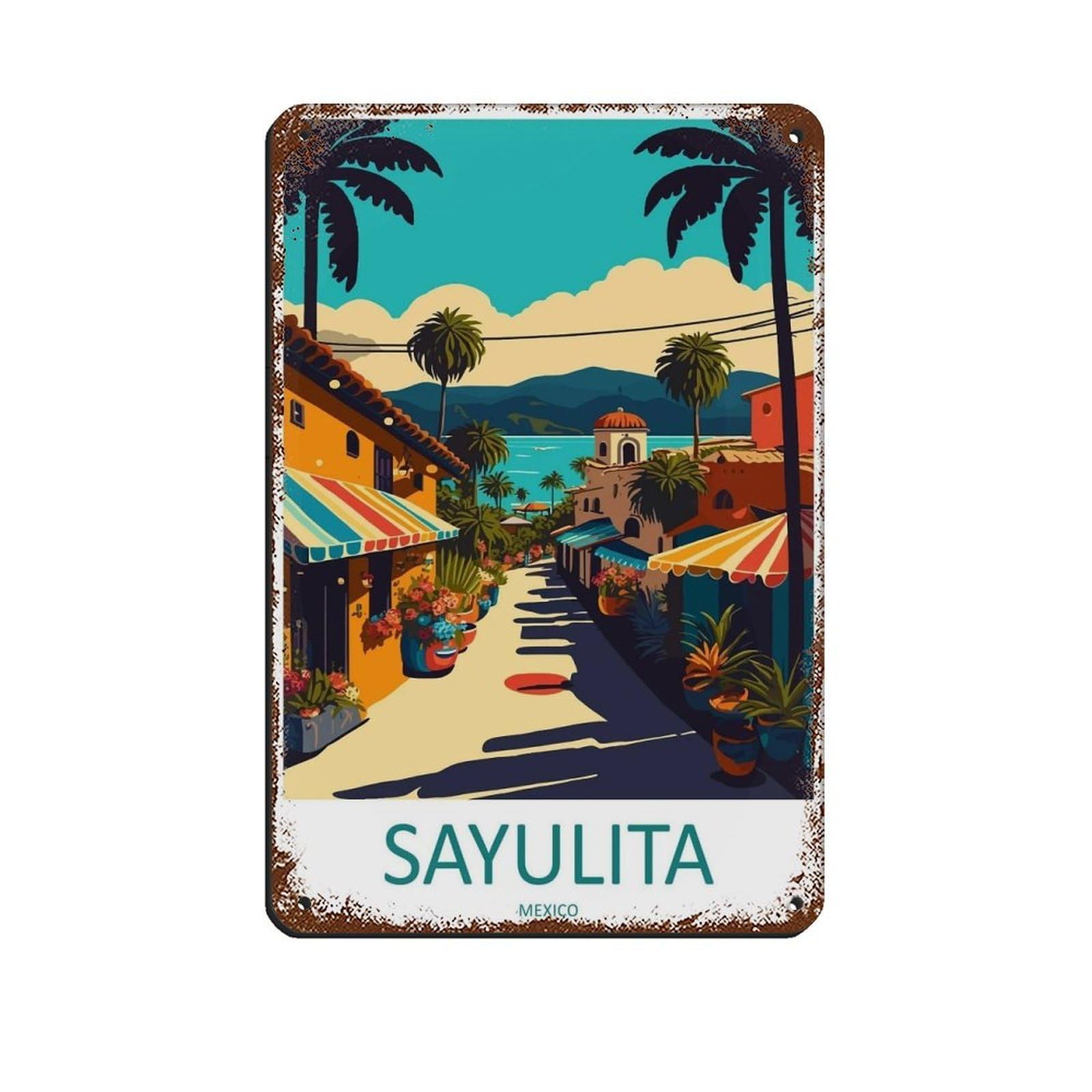Sayulita Travel Art Mexico Poster Retro Poster Metal Tin Sign Chic Art Retro Iron Painting Bar People Cave Cafe Family Garage Poster Wall Decoration 8x12inch(20x30cm)