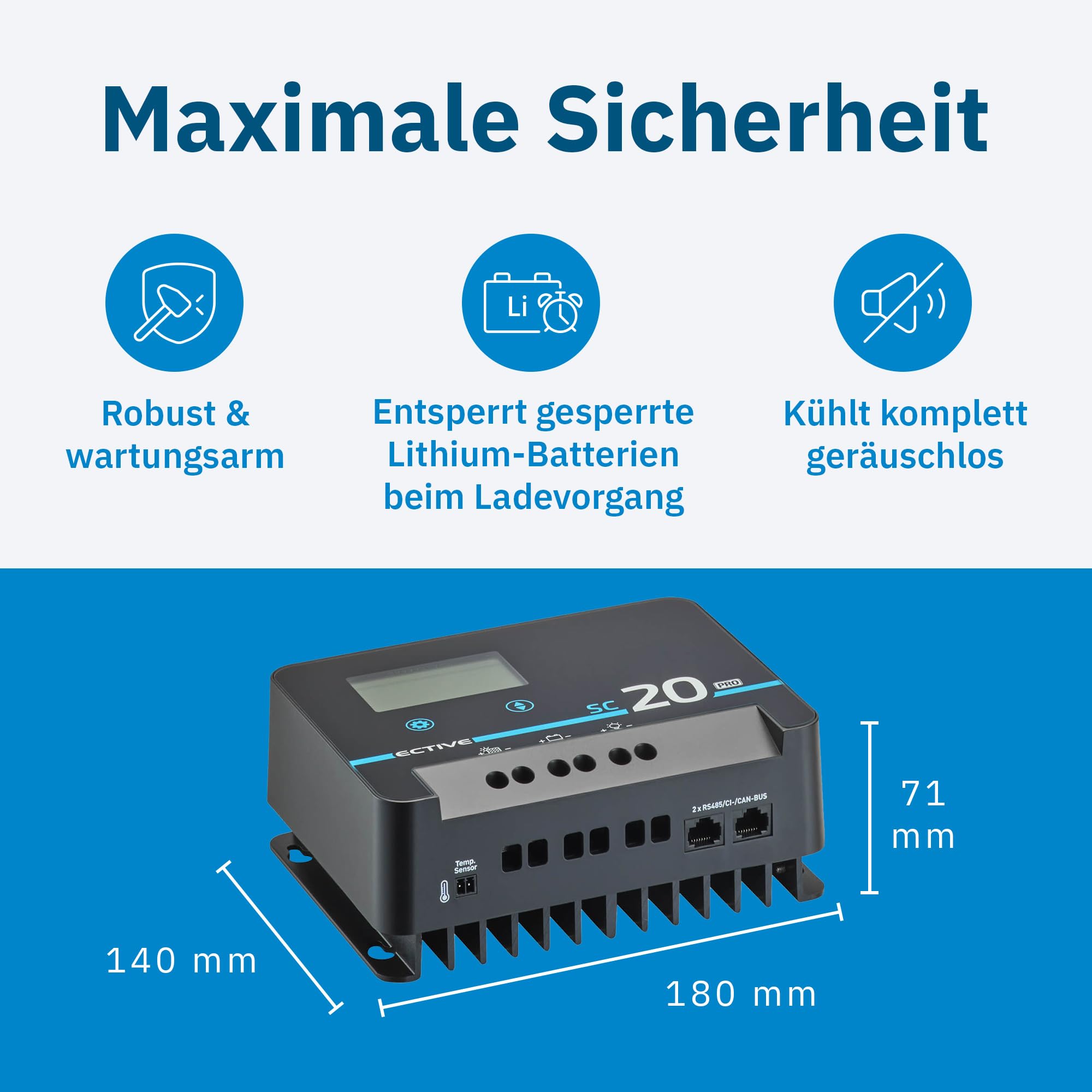 ECTIVE - Laderegler Solar 12/24 Volt SC 20 PRO - MPPT Solar-Laderegler 20A 100V mit Bluetooth – Solarladeregler Ladegerät für AGM, Gel, Lithium-Batterien - Solar Charge Controller ECE R10 Zertifiziert