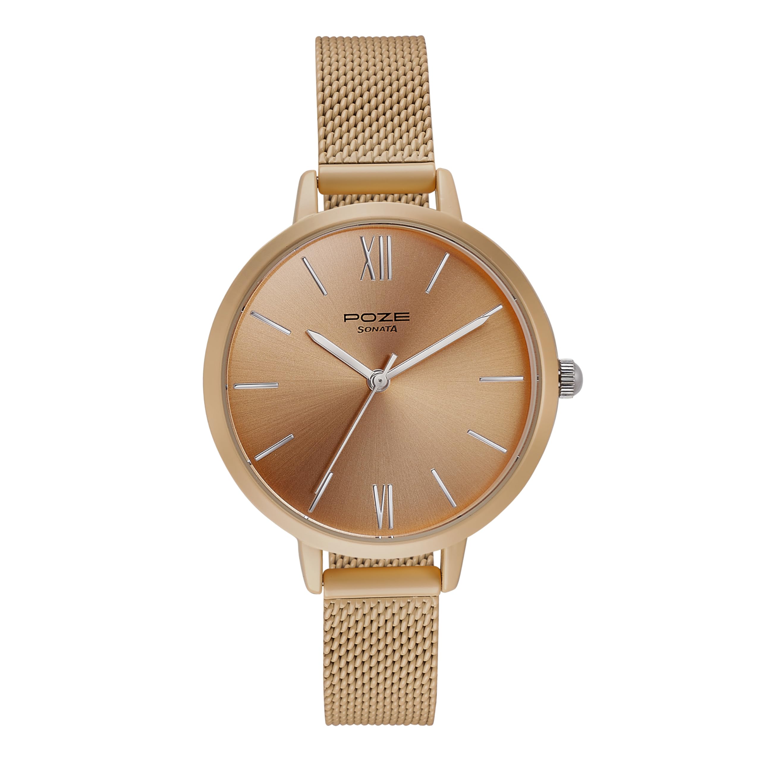 Sonata Poze Quartz Analog Beige Dial Mesh Strap Watch for Women-SP80075KM04W