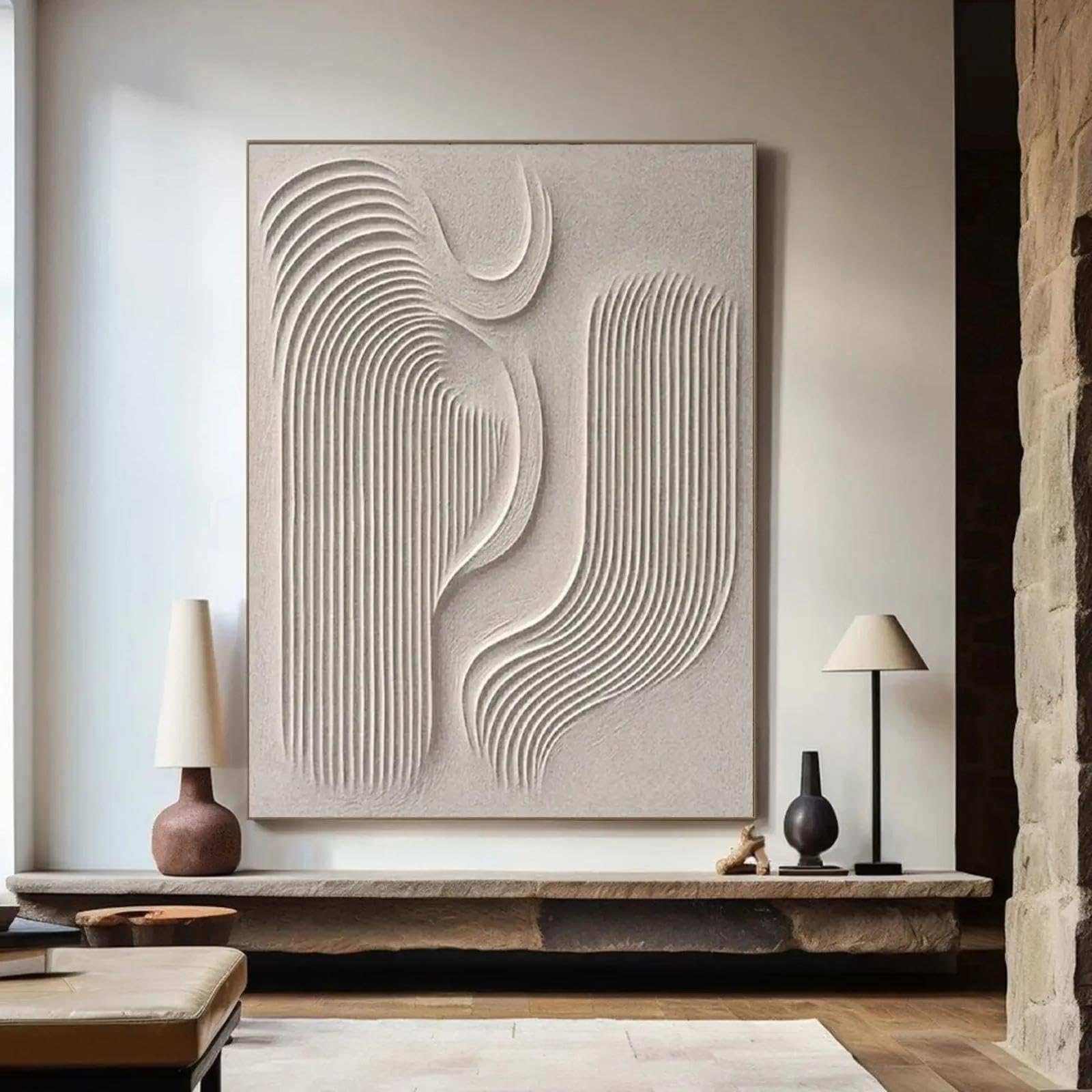 LZJAGXX Großes beiges Strukturgemälde, abstraktes Gipsgemälde auf Leinwand, Wabi Sabi Wandkunst, minimalistisches modernes Wanddekor 70x100cm rahmenlos