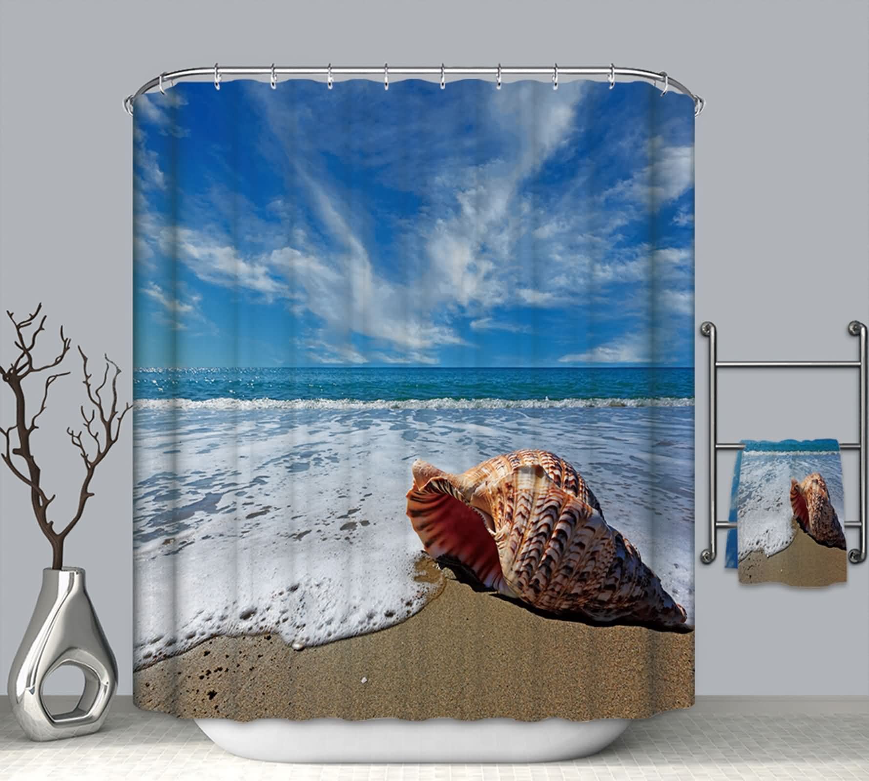 EHOMERY Cortinas De Baño Navideña Cortina De Bañera Pequeña Playa Concha Ver Cortina Baño Infantil Antimoho Cortinas Ducha Autocaravana Polyester Azul Ojales De Acero Inoxidable, 140X180Cm