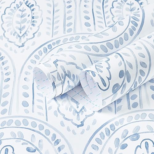EeeComing Papel tapiz azul para despegar y pegar, papel de pared bohemio, papel de contacto moderno autoadhesivo para dormitorio y baño, forro de