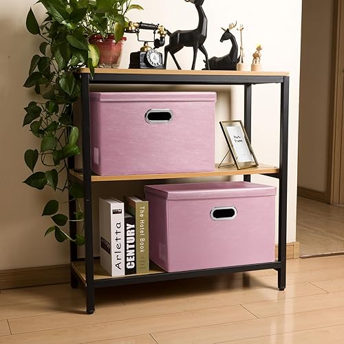 Miniatura 37 de PRANDOM Cajas de almacenamiento apilables grandes con tapas [paquete de 5] contenedores de almacenamiento plegables de tela de cuero, cestas