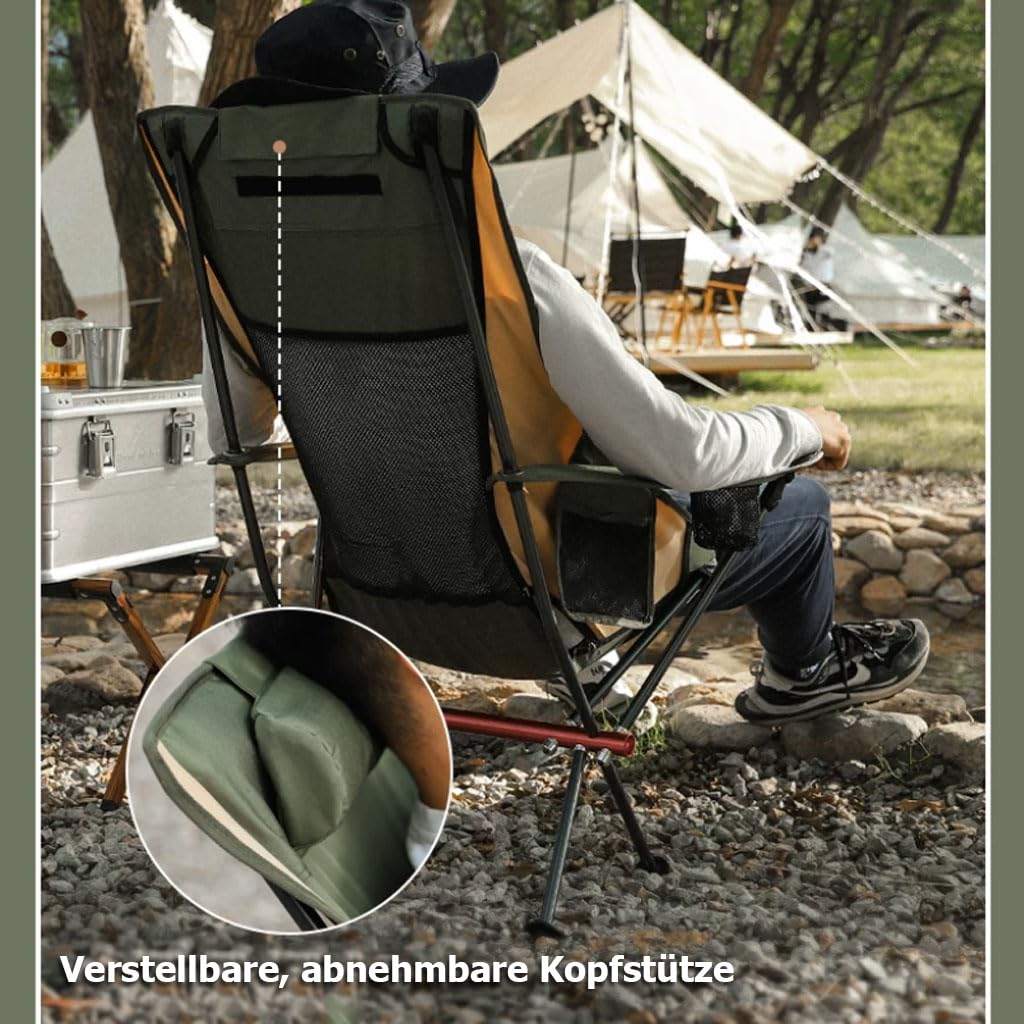 Campingstuhl Faltbar mit hoher Rückenlehne, Outdoor Klappstuhl Camping mit Armlehne & Becherhalter, Leicht Fischerstuhl für Camping Angeln Festival Strand