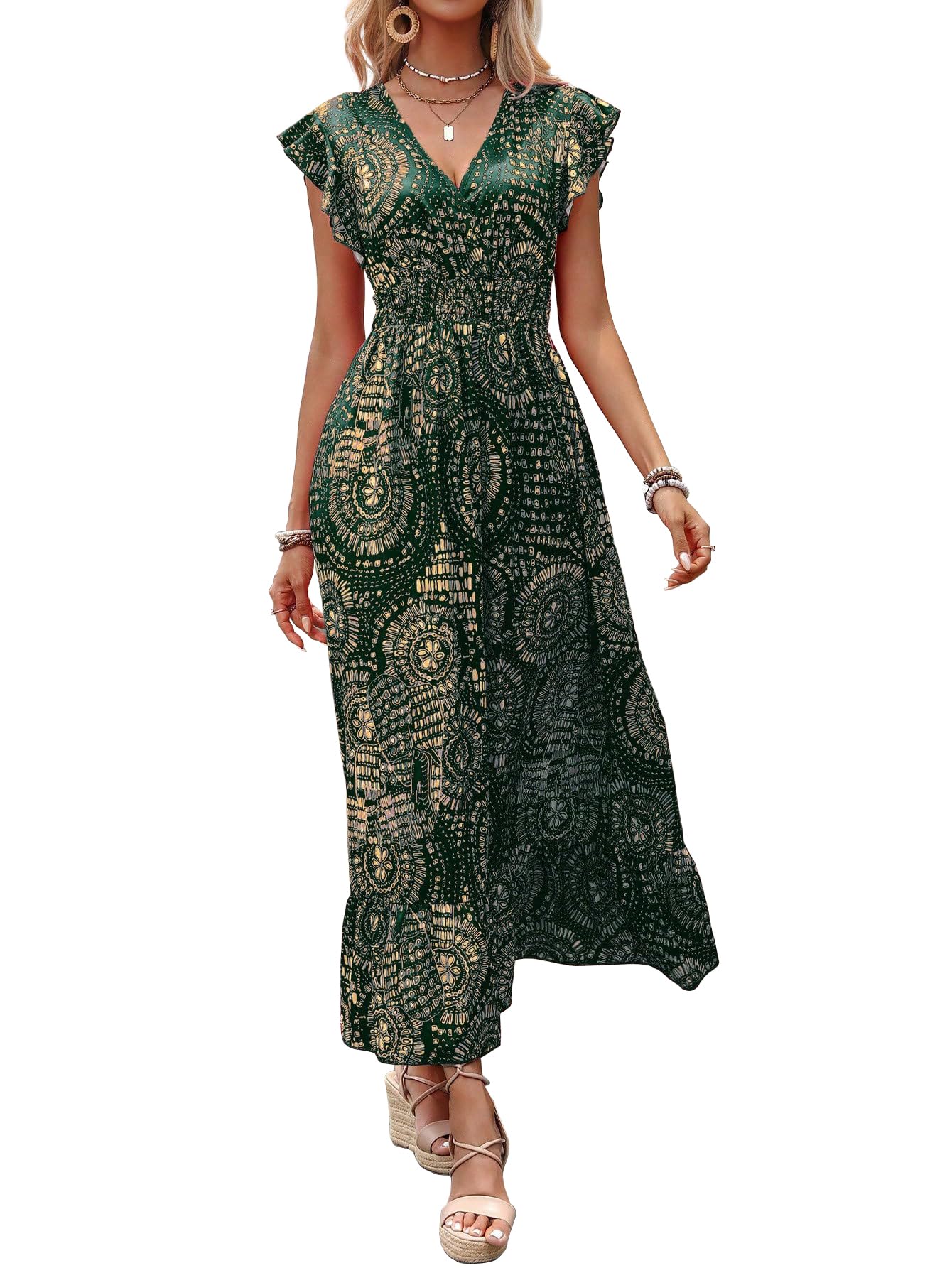 Shasmi Women's & Girl's Boho Dark Green V-Neck Printed Dress With Ruffled Hem And Belted Waist For Vacation, One Piece Maxi For Women's Casual Dresses (Dress 140 Boho Dark Green-Xl)