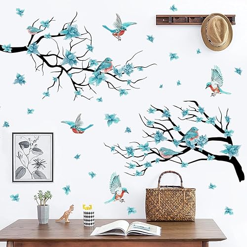 Amaonm - Calcomanías de pared removibles de PVC para acuarela, flores azules, despegar y pegar, rama de árbol negro con pájaro y mariposa, adhesivo
