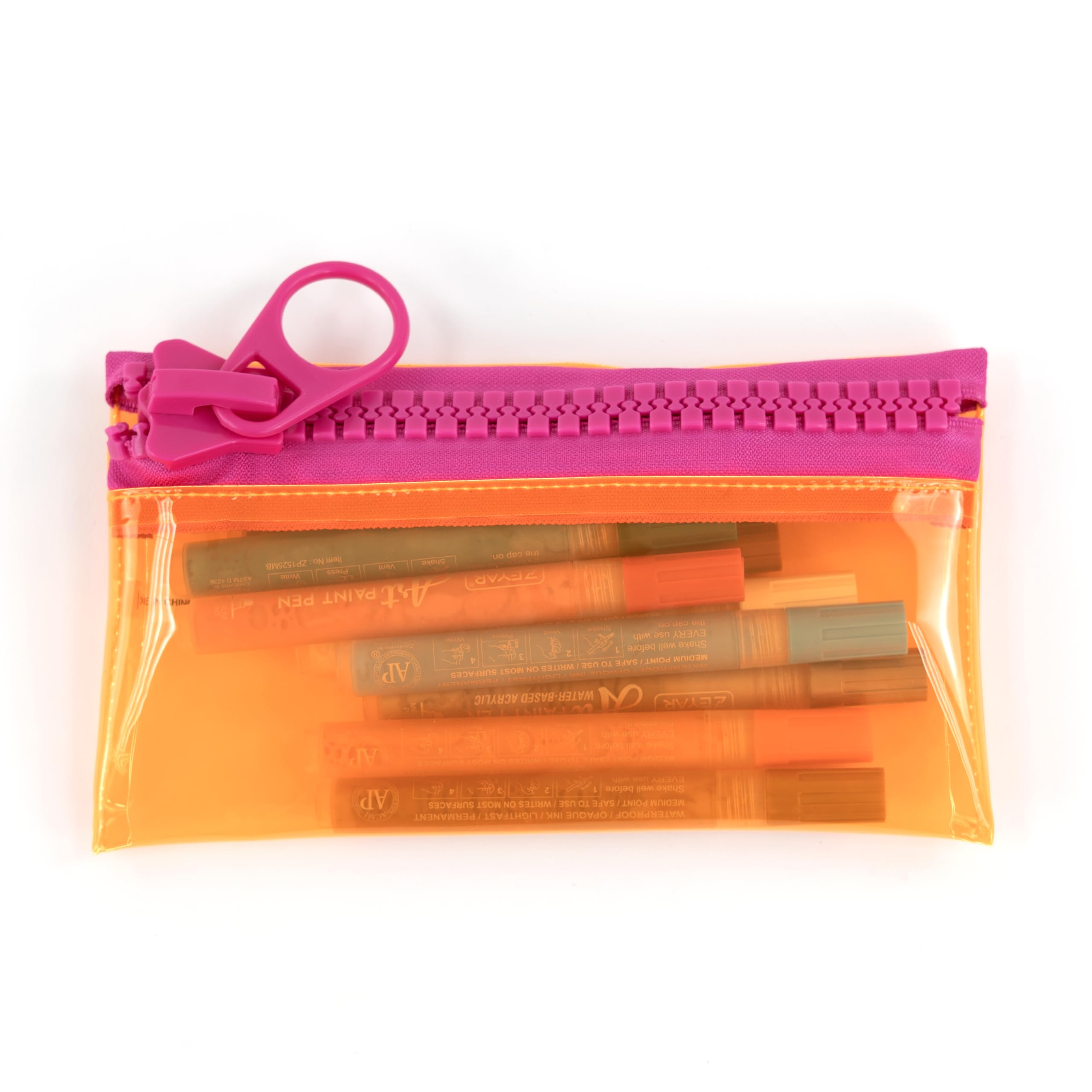 Everything Mary Chunky Zipper Pouch in Orange & Pink - Clear Storage Pouch with Bold Contrast Zipper, Durable Wipeable Material for Pencils, Art Supplies, Notions & On-the-Go Organizing