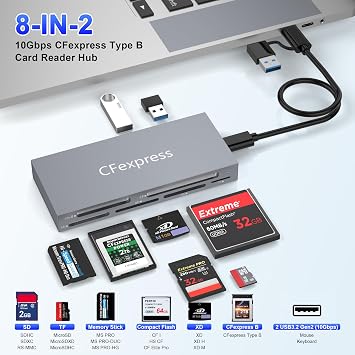 قارئ بطاقات CFexpress Type B 8 في 1 مع منافذ USB بسرعة 10 جيجابت في الثانية*2، ومحور قارئ CF Express بسرعة 10 جيجابت في الثانية لبطاقات CFexpress Type B/SD/microSD/CF/XD/MS، ومحول متعدد القراء لقراءة 6 بطاقات و2 USB في وقت واحد